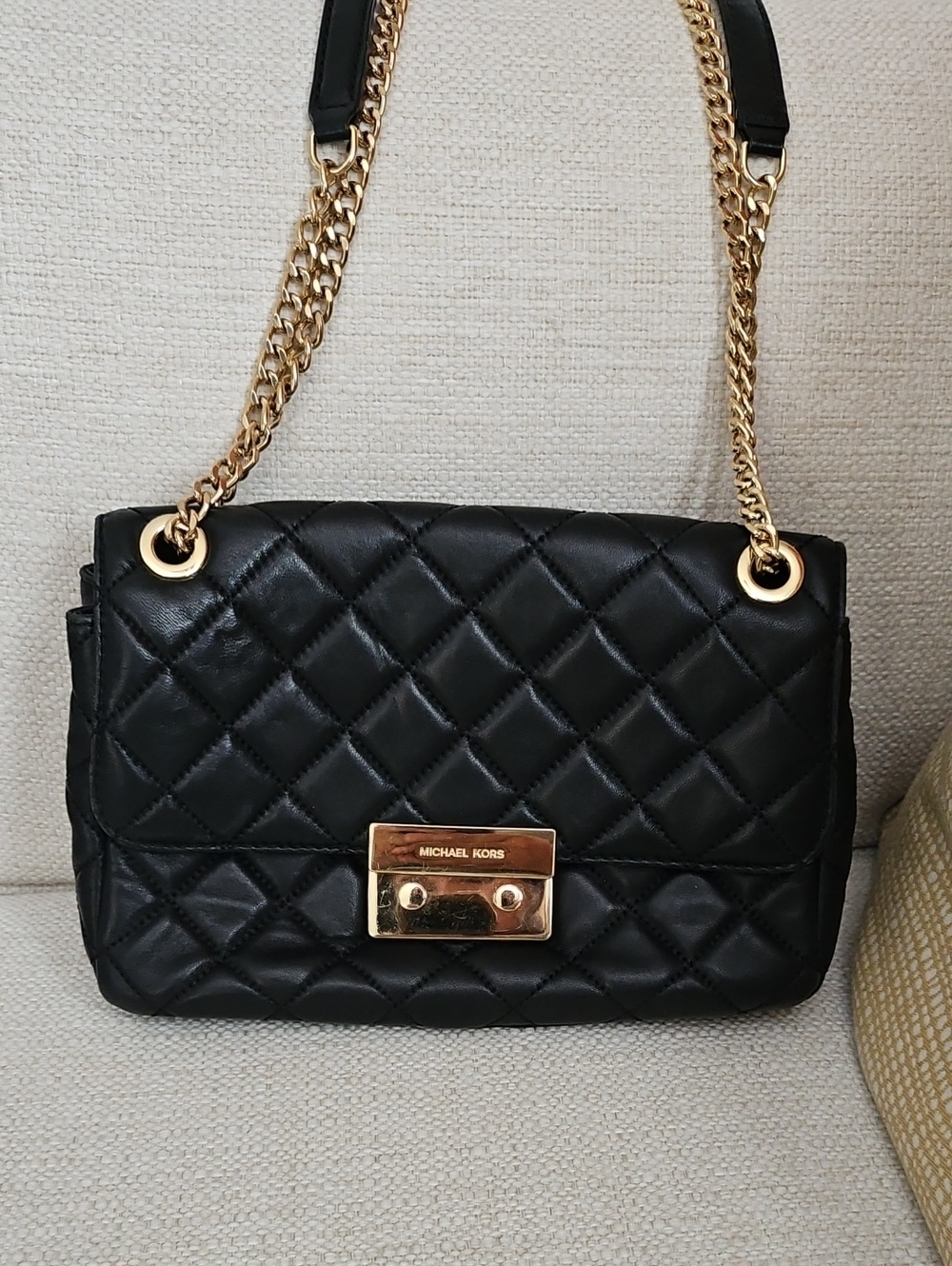 Michael Kors Black Quilted Leather Shoulder Bag with Gold Hardware